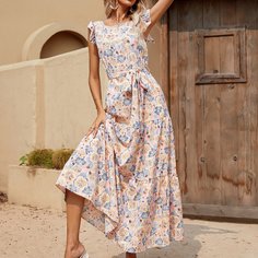Платье с поясом и цветочным принтом Shein