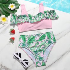 с оборками Растения Бохо Купальники для девочек Shein