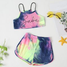 Разноцветные шорты и майка с текстовым принтом для девочек Shein