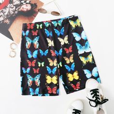Байкерские шорты с принтом бабочек Shein
