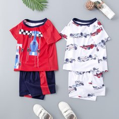 4шт шорты и футболка с принтом "гоночный автомобиль" для мальчиков Shein