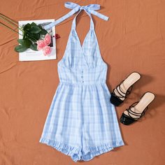 Открытая спина Клетчатый Бохо Комбинезоны Shein