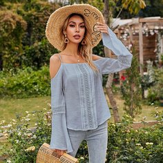 Контрастные кружева Одноцветный Бохо Блузы Shein