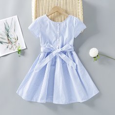 с поясом Полосатый Повседневный Платья для девочек Shein