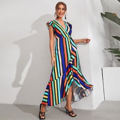 с оборками Полосатый Повседневный Платье Shein