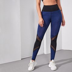 Контрастные спортивные леггинсы с сетчатой вставкой Shein