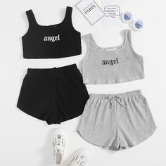 Майка с текстовый принтом 2шт и шорты 2 шт для девочек Shein