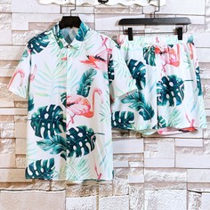 Мужская рубашка и шорты на кулиске с тропическим принтом, узором фламинго Shein