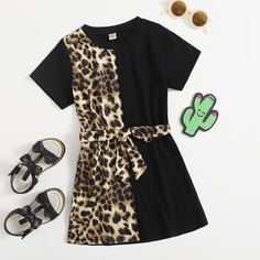 с поясом Леопардовый принт Повседневный Платья для девочек Shein