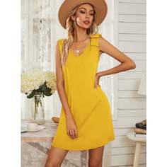 Однотонное платье с бантом на плечах Shein