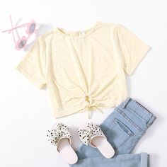 с разрезом Одноцветный Повседневный Футболки для девочек Shein