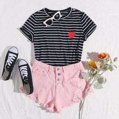 Футболка в полоску с принтом сердечка Shein
