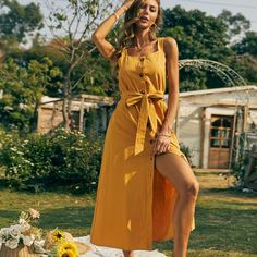 с поясом Одноцветный Бохо Платье Shein