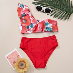 с оборками Цветочный Бохо Купальники для девочек Shein
