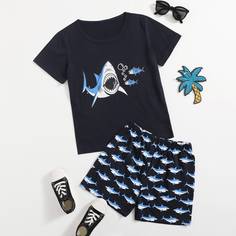 Шорты и футболка с принтом акулы для мальчиков Shein