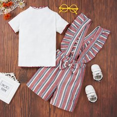 Вязаная футболка в рубчик и шорты на подтяжках для девочек Shein