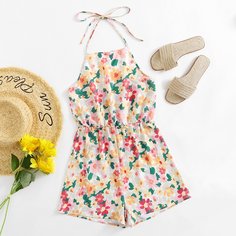 Открытая спина Со цветочками Бохо Комбинезоны Shein