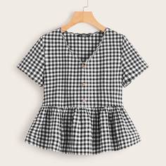 Блуза С Баской Коротким Рукавом В Клетку Shein
