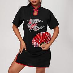 Чёрные Разрез С животными Повседневный Платья размер плюс Shein