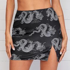 Юбка мини с принтом дракона и разрезом Shein