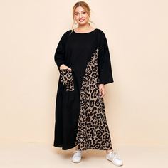 Контрастное платье размера плюс с карманом и леопардовым узором Shein