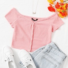 Трикотажный топ с открытыми плечами и пуговицами Shein