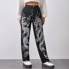 Прямые джинсы с китайским драконом Shein