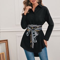 Однотонная блузка с поясом и принтом шарфа Shein