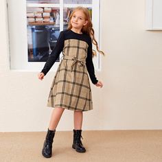 на пуговицах Клетка Повседневный Платья для девочек Shein