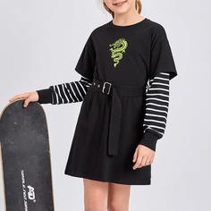 с поясом Полосатый Повседневный Платья для девочек Shein