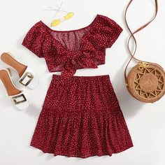 Юбка и топ в горошек с узлом Shein