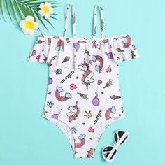 Слитный купальник с принтом единорога для девочек Shein