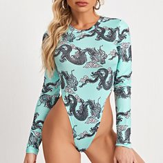 Боди с принтом китайского дракона Shein