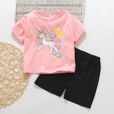 Шорты и футболка с принтом единорога для девочек Shein