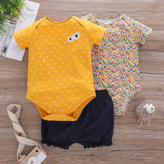 3шт боди и шорты с цветочным принтом в горошек для девочек Shein