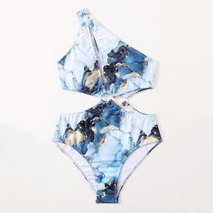 Слитный купальник на одно плечо с мраморным принтом Shein