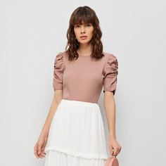 Однотонная футболка с пышными рукавами Shein