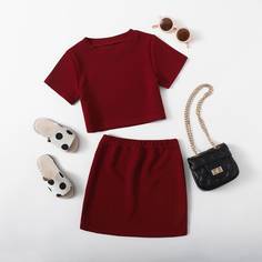 Однотонная футболка и прямая юбка для девочек Shein