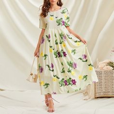 на пуговицах Цветочный принт Бохо Платье Shein