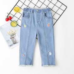 Джинсы с вышивкой фруктов для девочек Shein