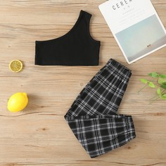 Вязаный топ в рубчик и брюки в клетку для девочек Shein