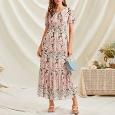 С оборками Цветочный принт Бохо Платье Shein