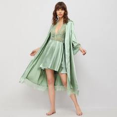 Атласный халат с кружевом и ночная рубашка с глубоким воротником Shein