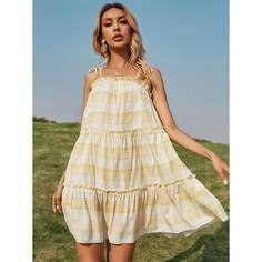 Платье на бретельках в клетку с узлом на плечах Shein