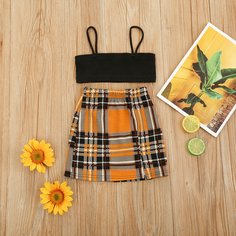 Короткая майка и юбка в клетку для девочек Shein