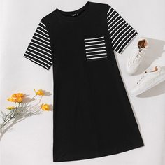 Карман Полосатый Повседневный Платья размер плюс Shein