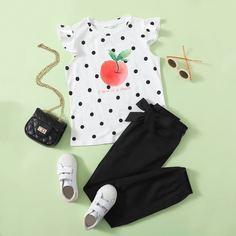 Брюки и топ в горошек с персиковым принтом для девочек Shein
