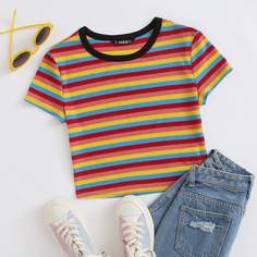 Трикотажный топ в радужную полоску размера плюс Shein