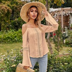 Контрастные кружева Одноцветный Бохо Блузы Shein