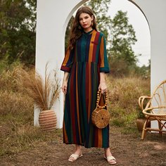 Пуговица Полосатый Повседневный Арабские платья Shein